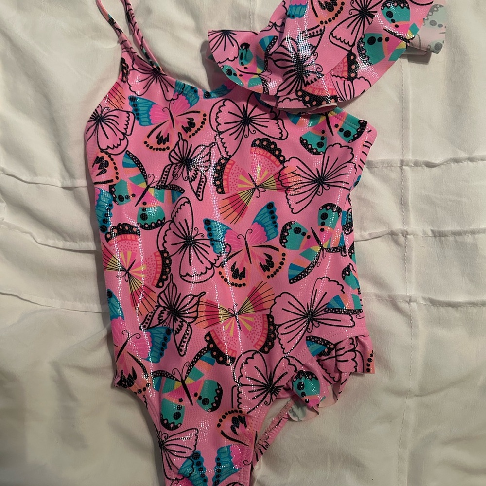 Girls UPF Protective Pink Butterfly Print Swimsuit